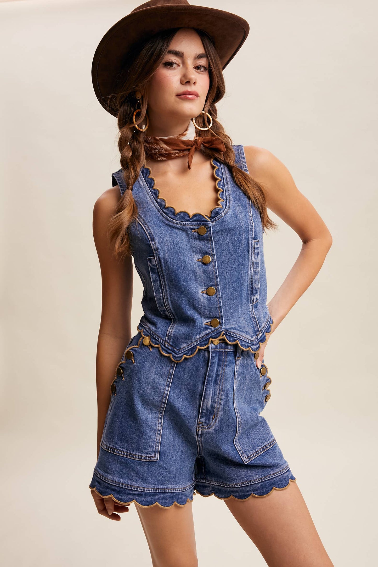 Scallop Button Denim Shorts