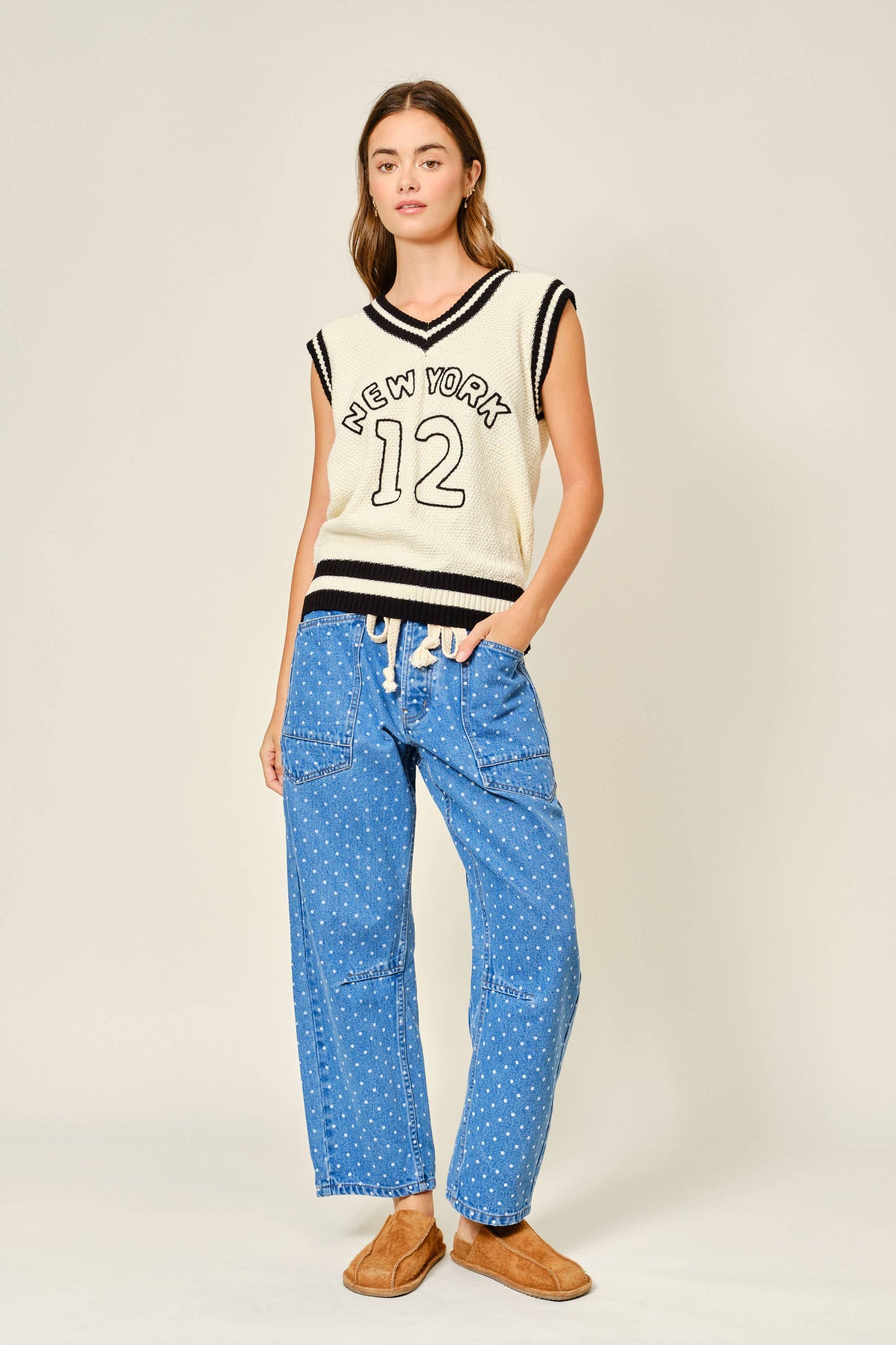 Polka Dot Denim Barrel Jeans