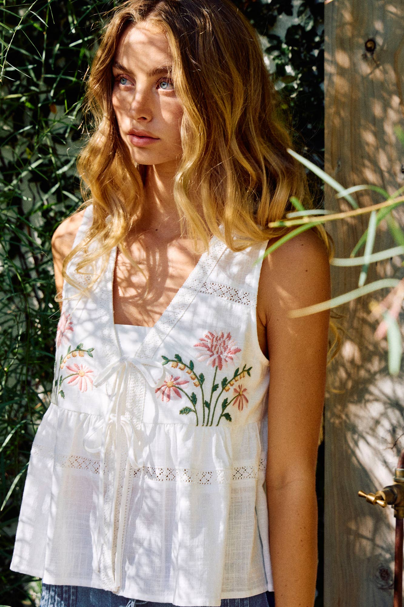 Embroidered Floral Tie-Front Peplum Top