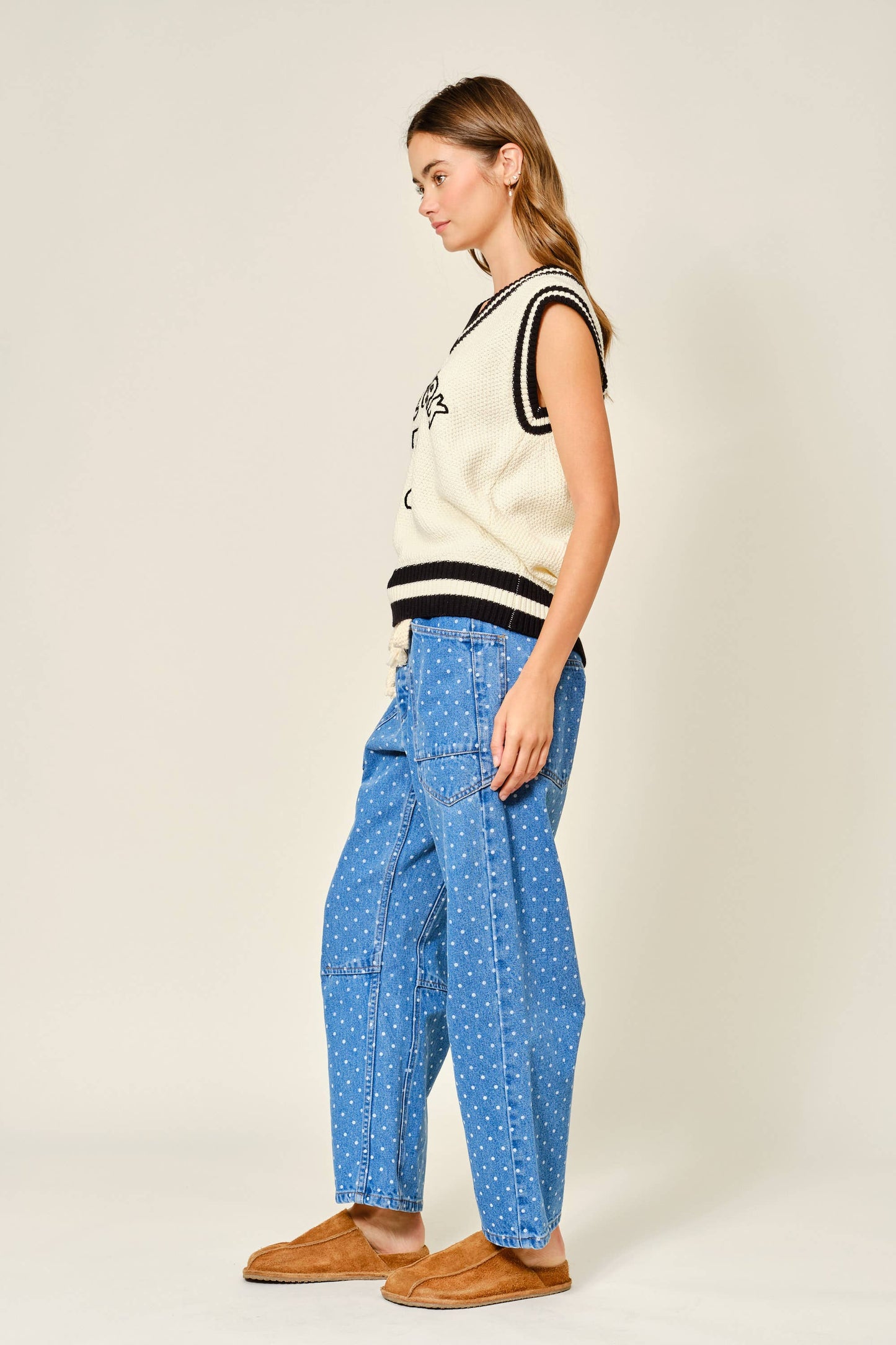 Polka Dot Denim Barrel Jeans