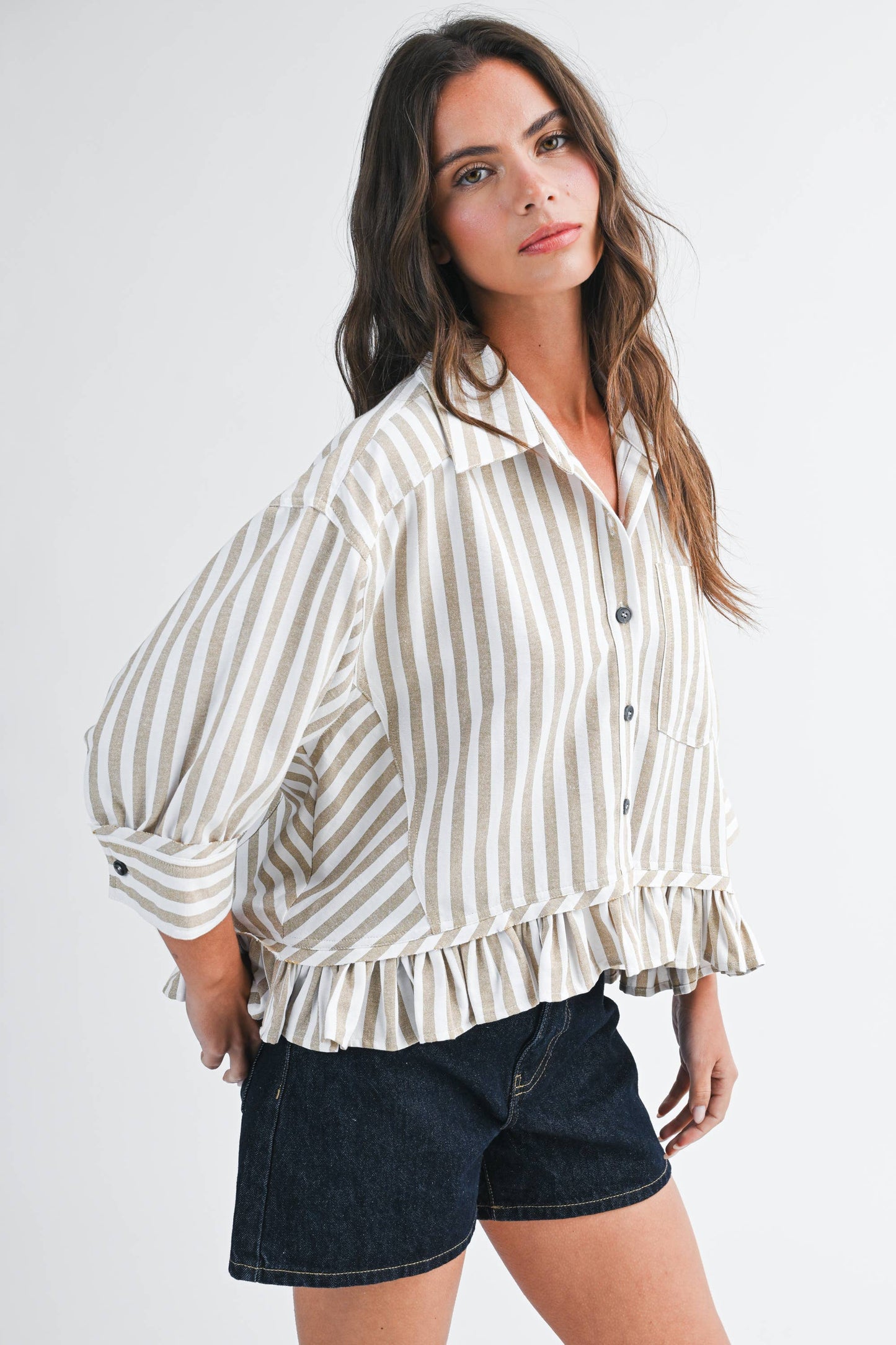 Striped Ruffle Button Down