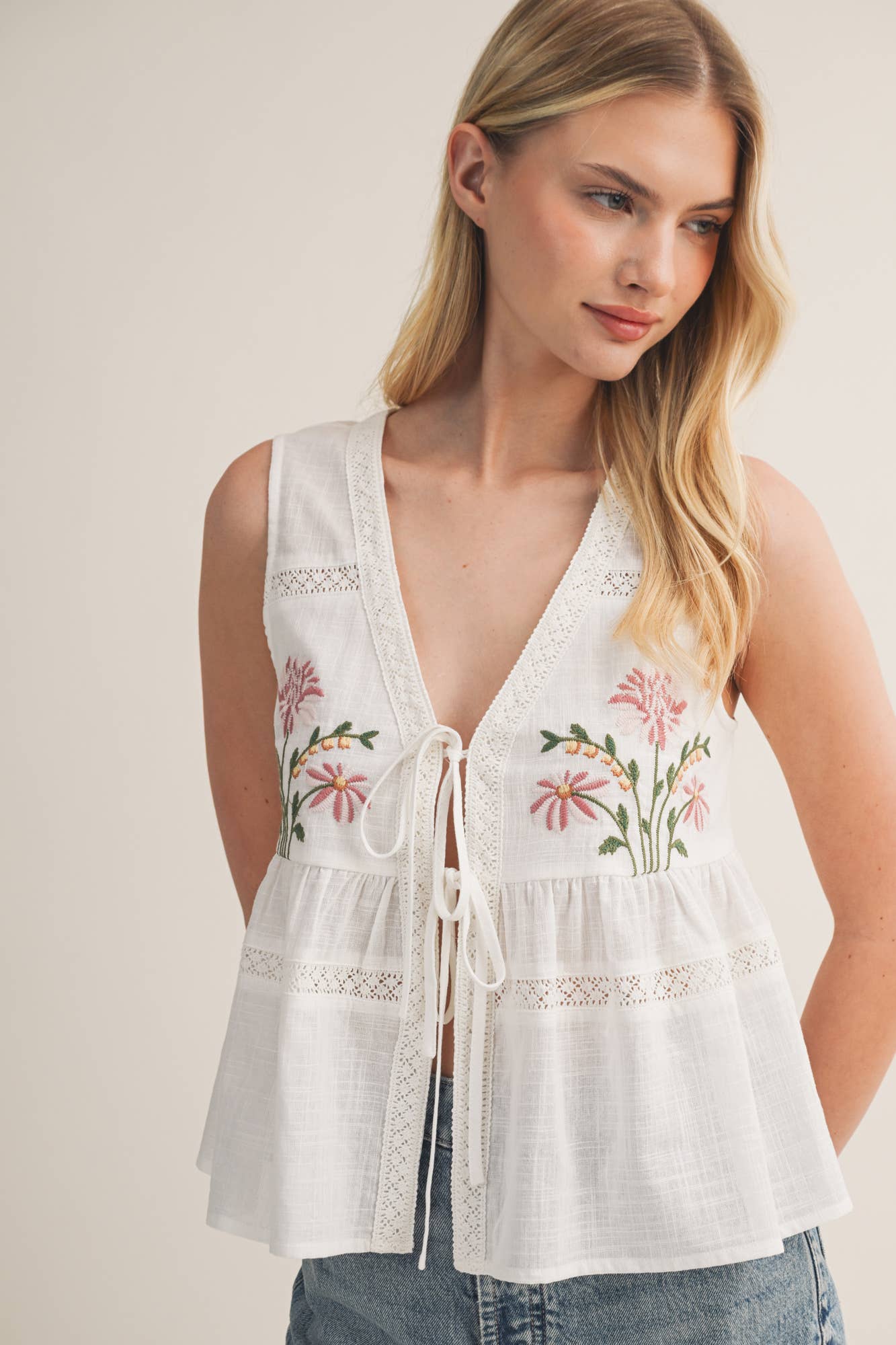 Embroidered Floral Tie-Front Peplum Top