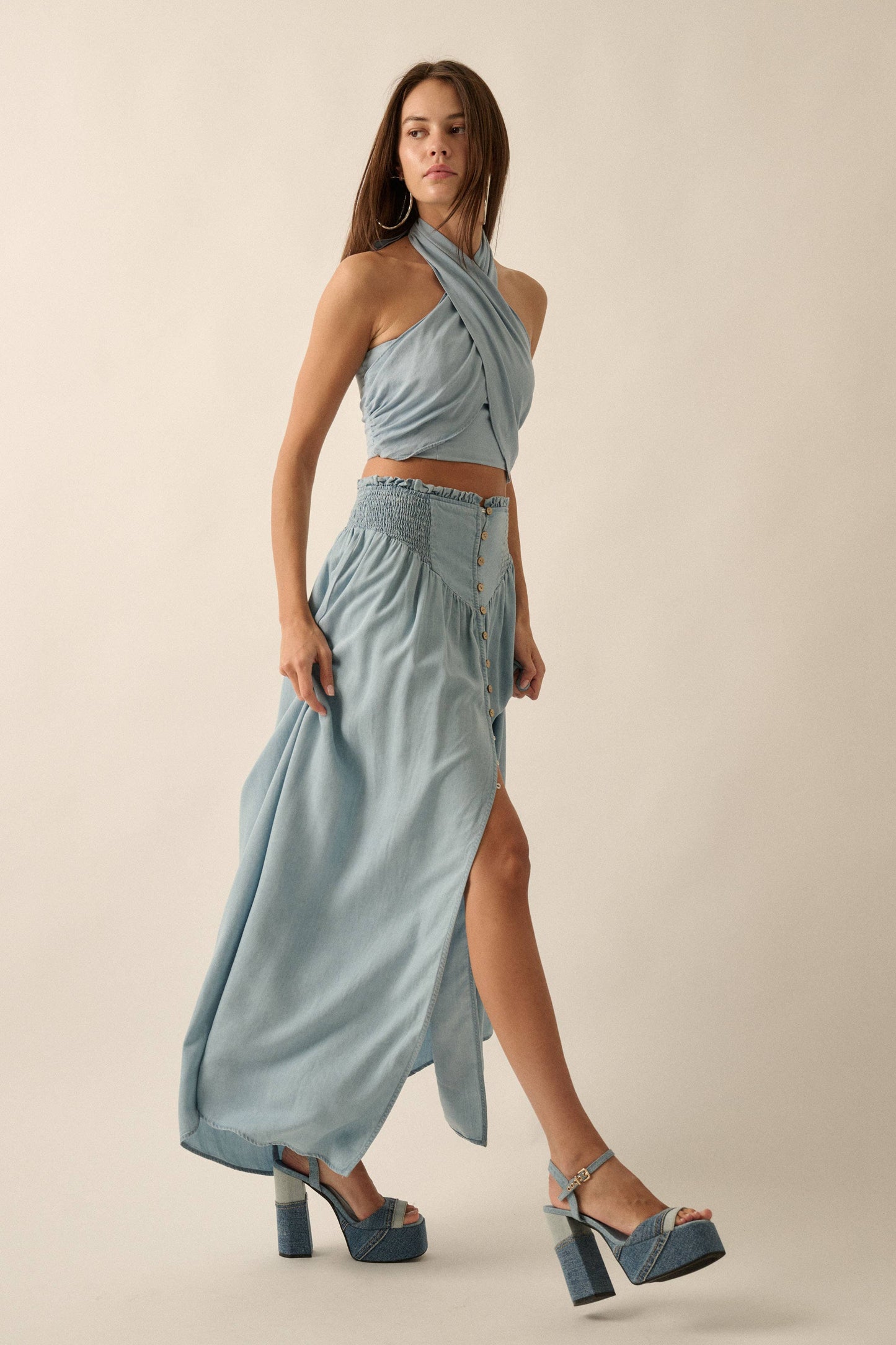 Smocked Button-Front Maxi Skirt