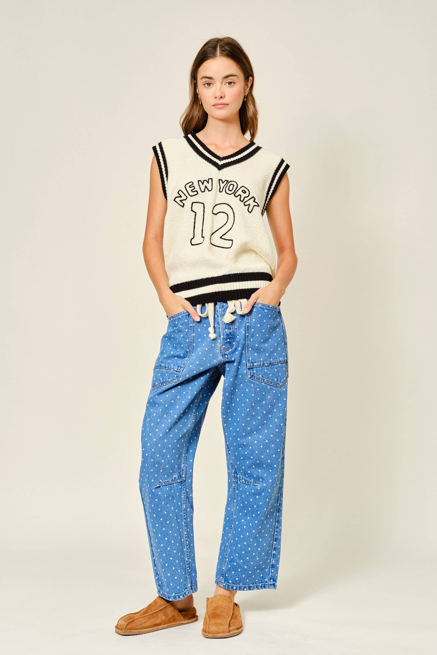 Polka Dot Denim Barrel Jeans