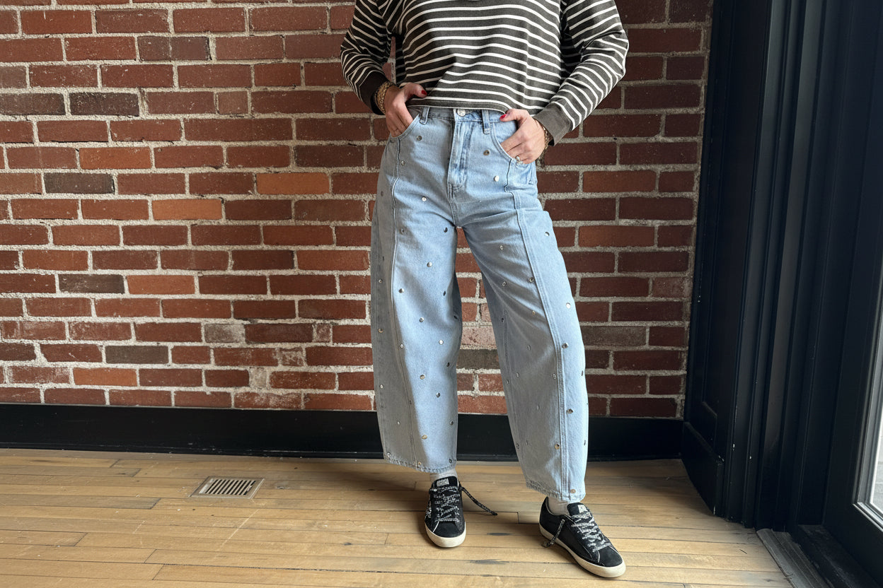 Studded Barrel Denim Pants