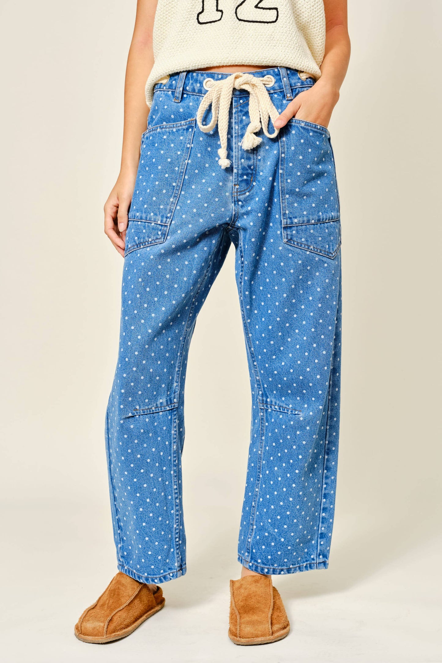 Polka Dot Denim Barrel Jeans