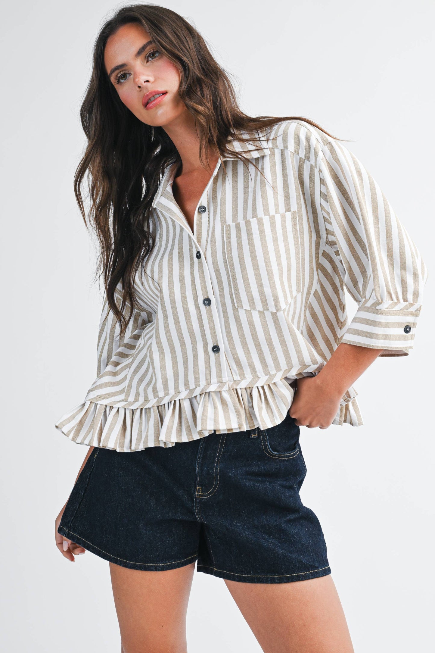 Striped Ruffle Button Down