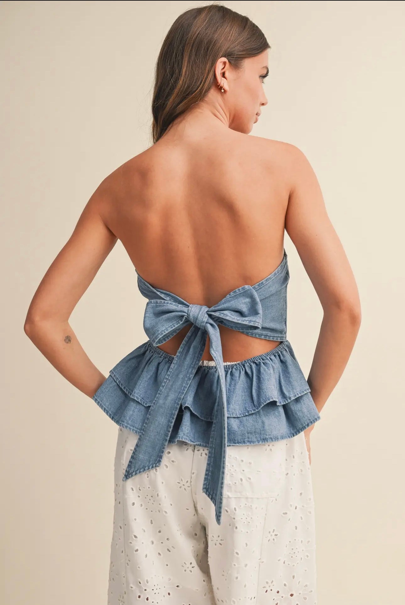 Denim Peplum Tie Back Top