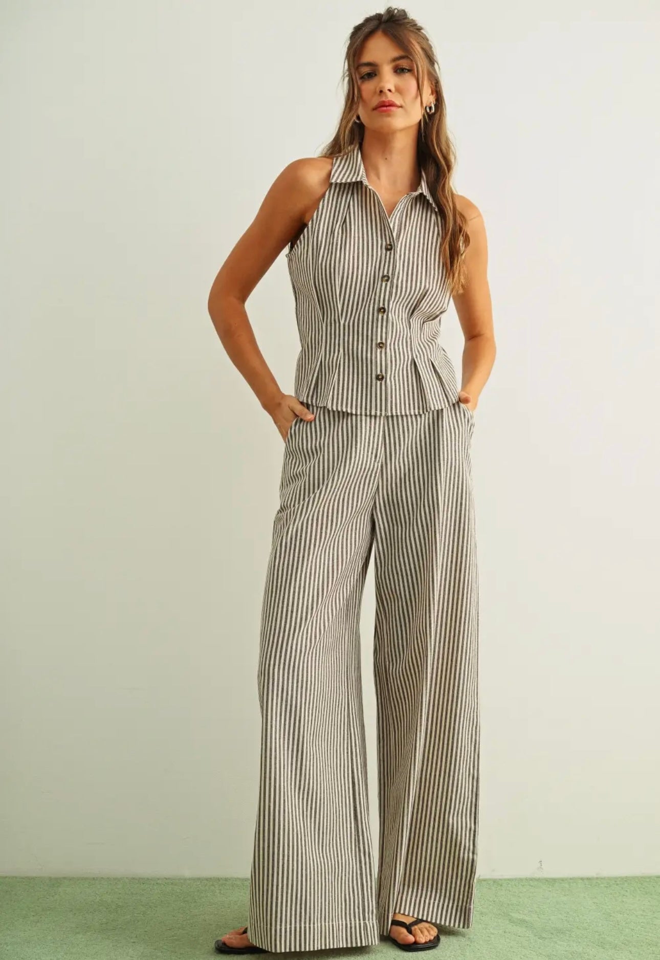 Stripped Collared Sleeveless Blouse