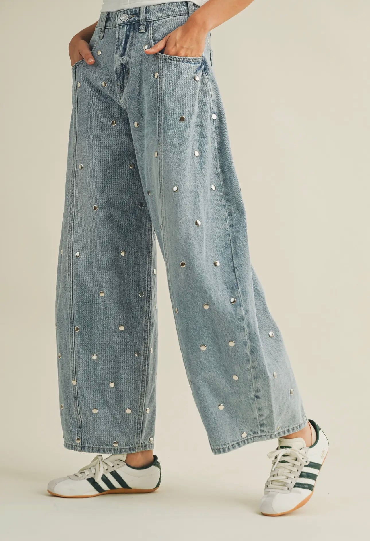 Studded Barrel Denim Pants