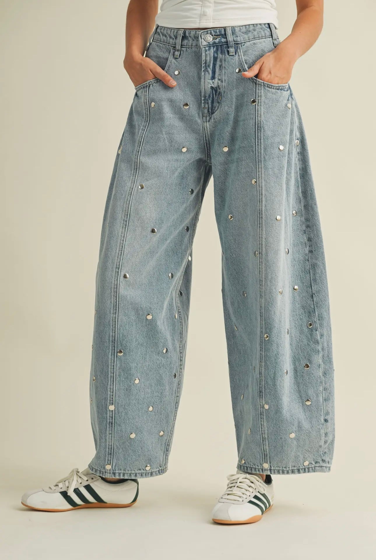 Studded Barrel Denim Pants