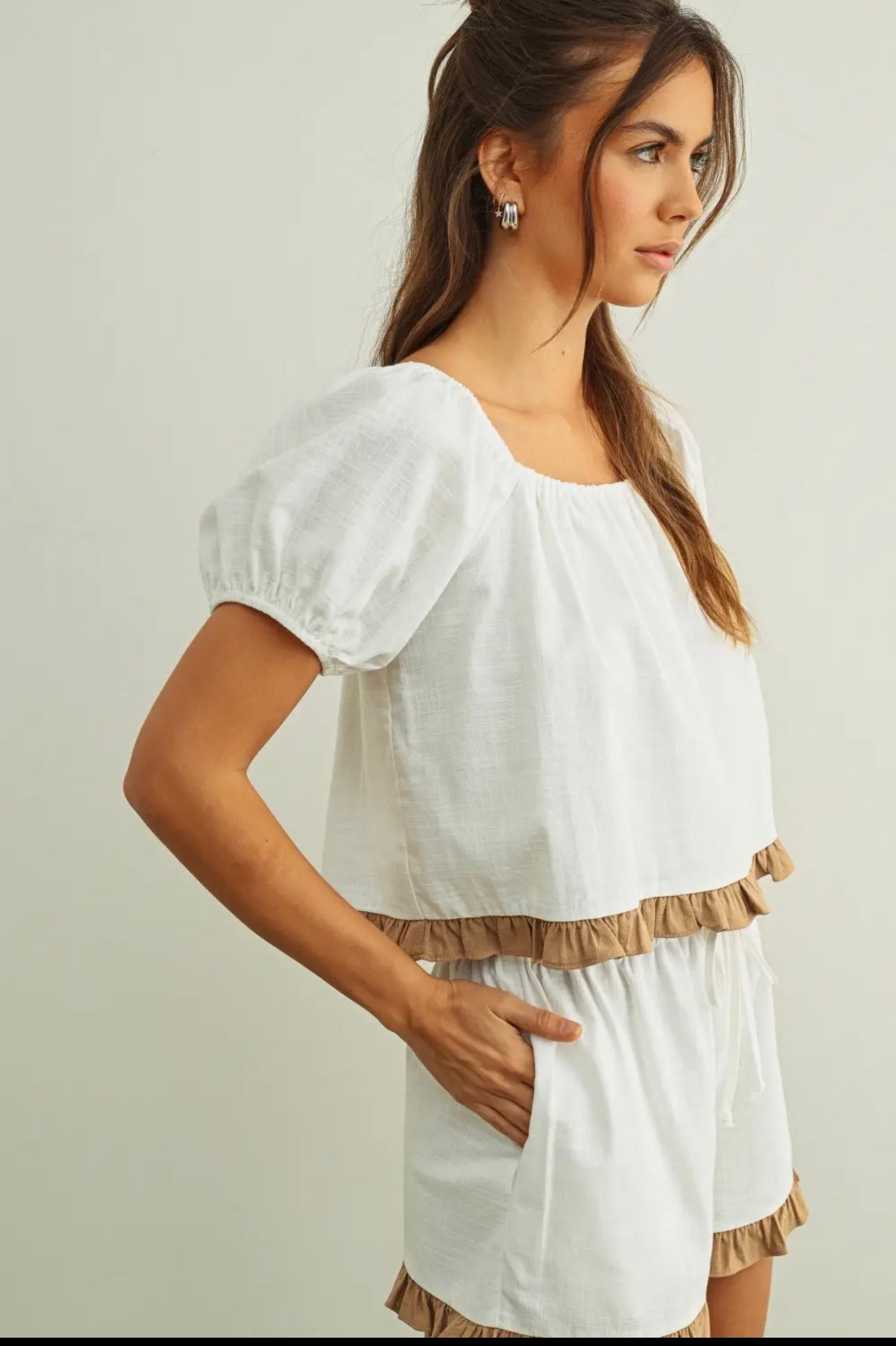 Square Neck Ruffled Linen Top