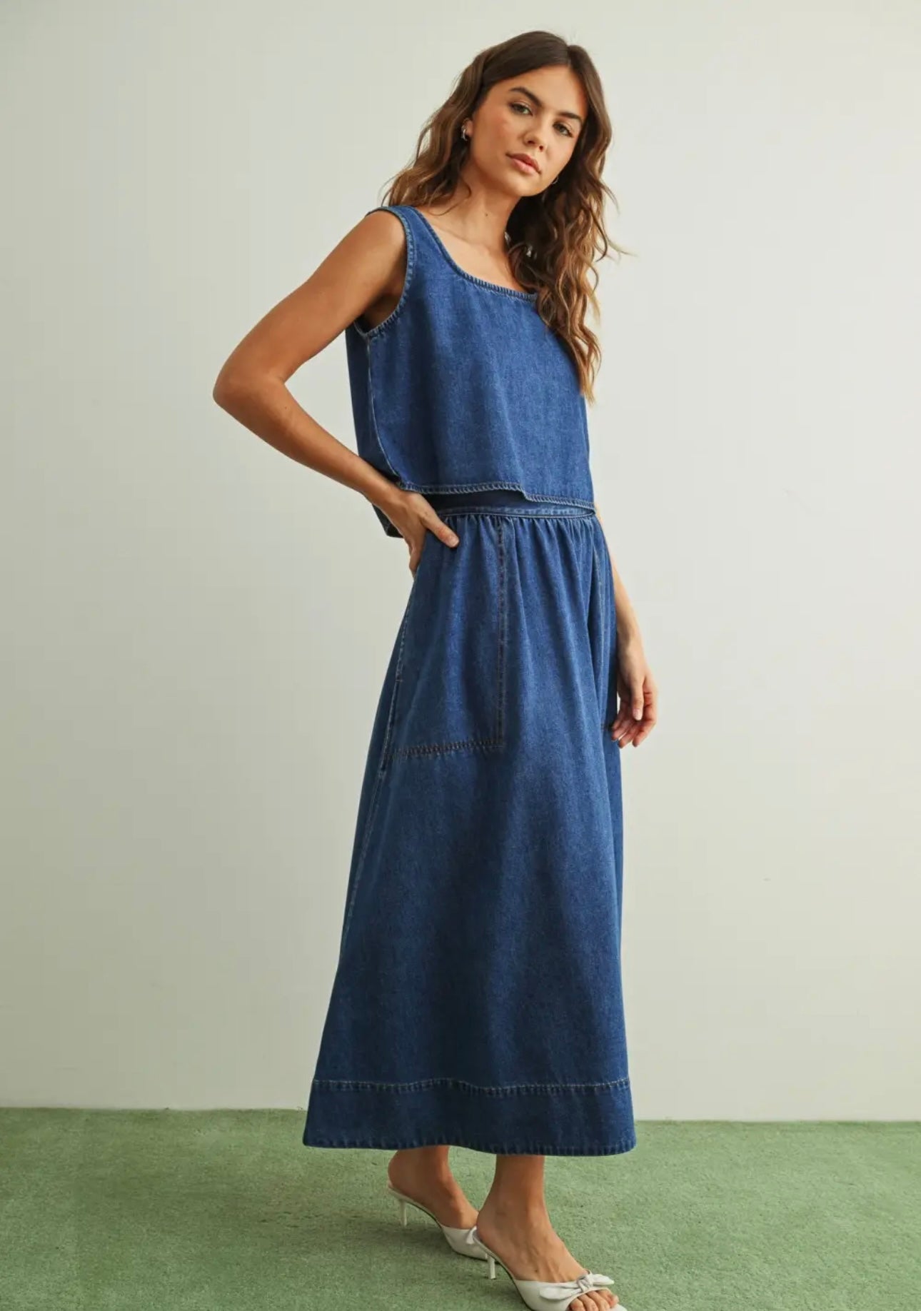 Denim back button tank