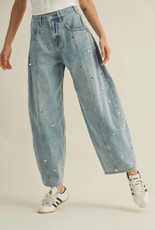 Studded Barrel Denim Pants
