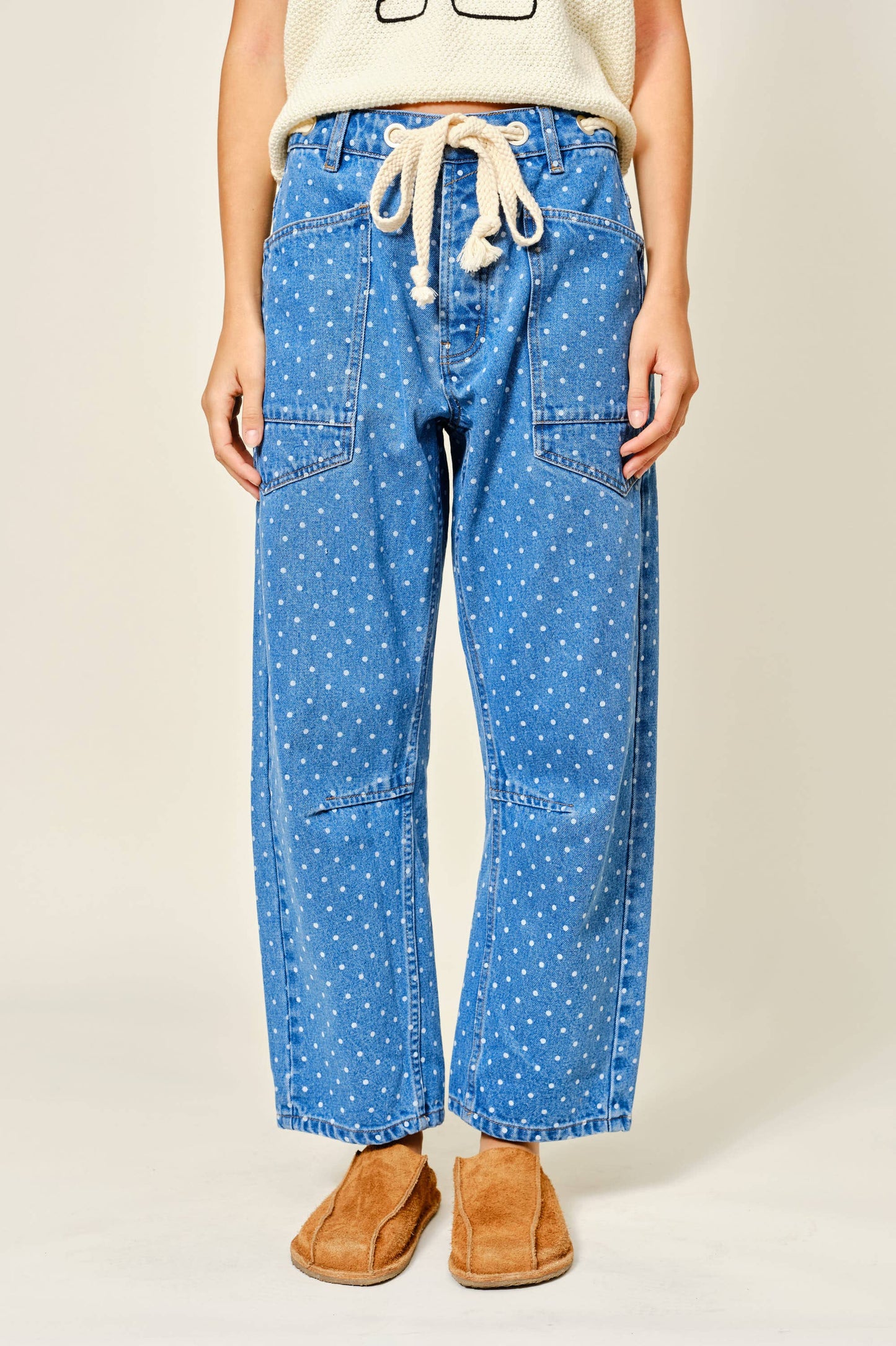 Polka Dot Denim Barrel Jeans