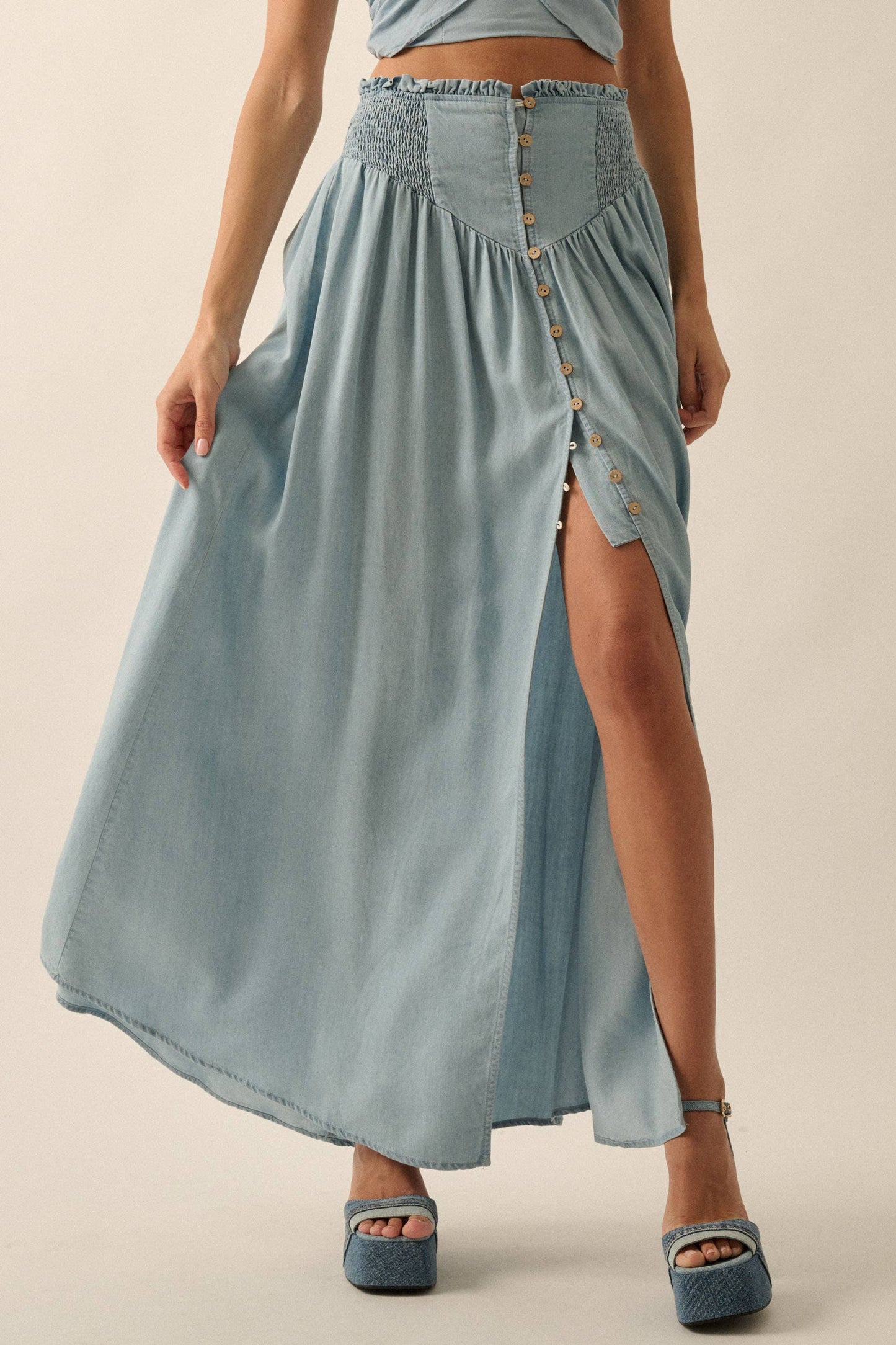 Smocked Button-Front Maxi Skirt