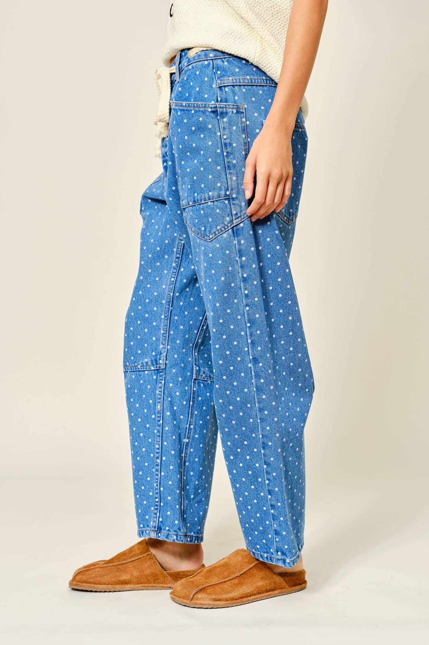 Polka Dot Denim Barrel Jeans