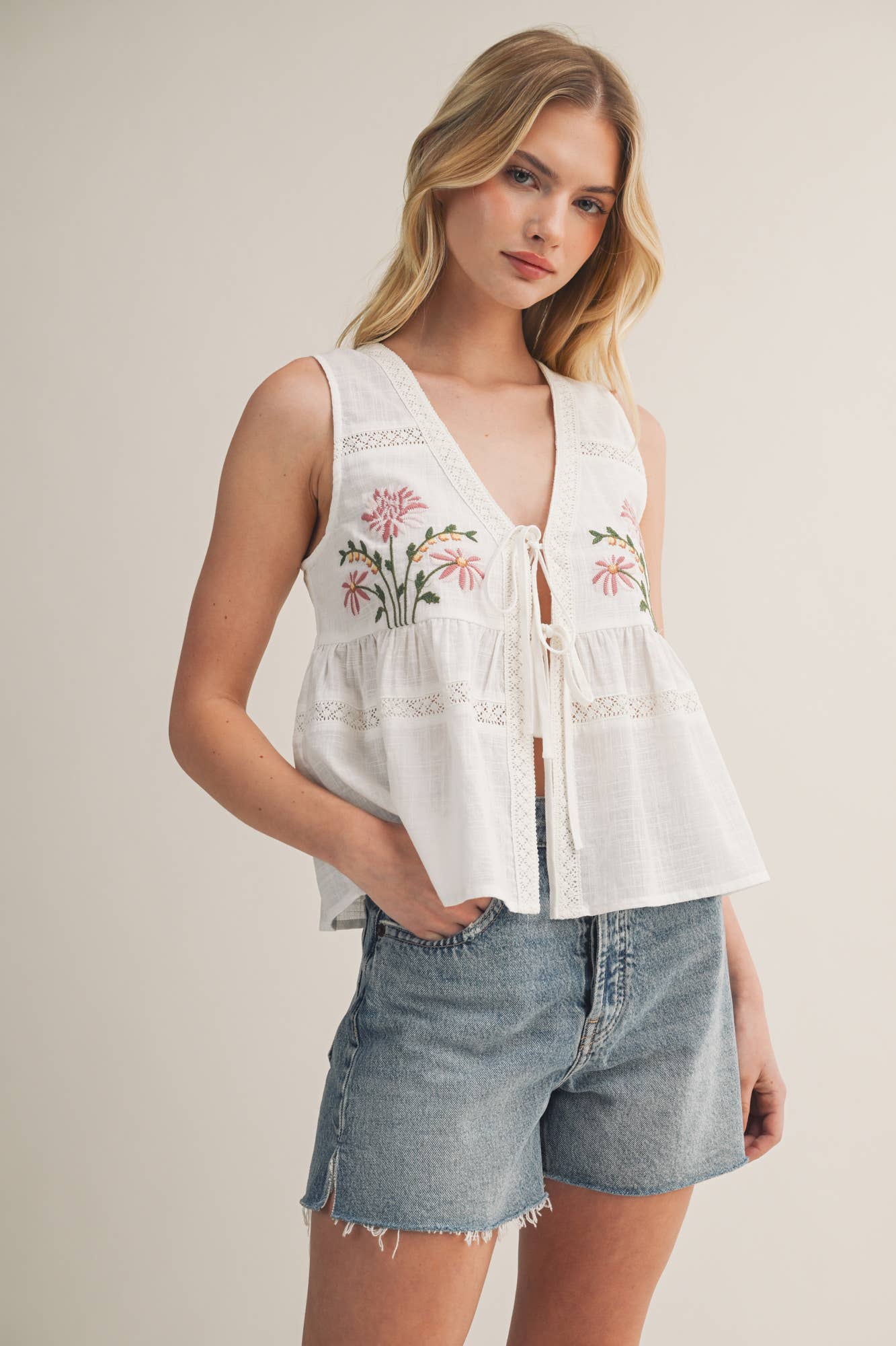 Embroidered Floral Tie-Front Peplum Top