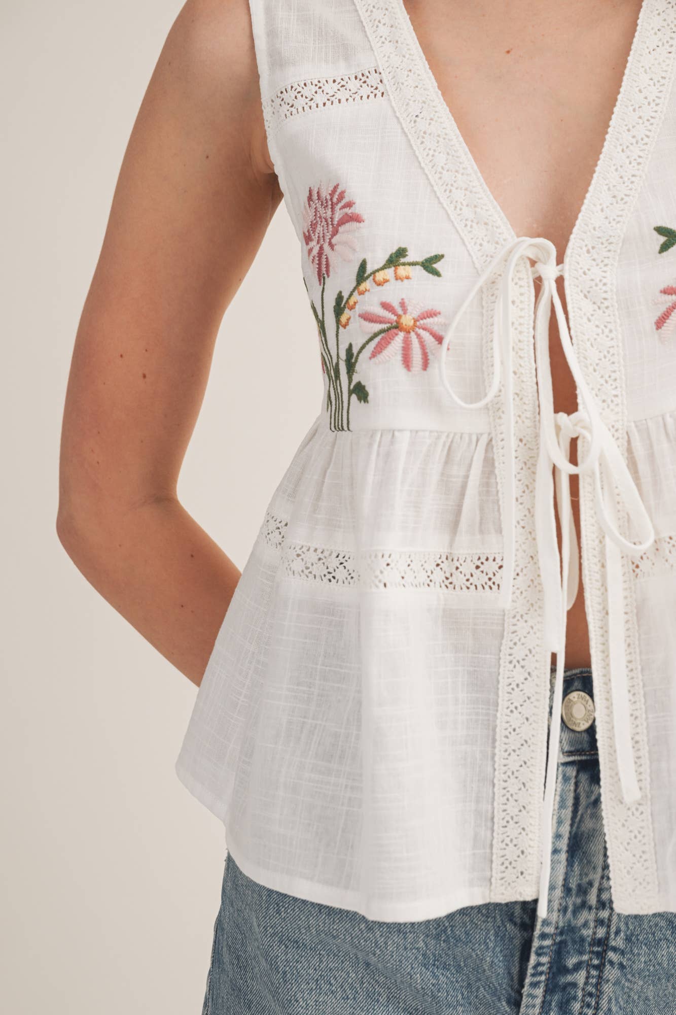 Embroidered Floral Tie-Front Peplum Top
