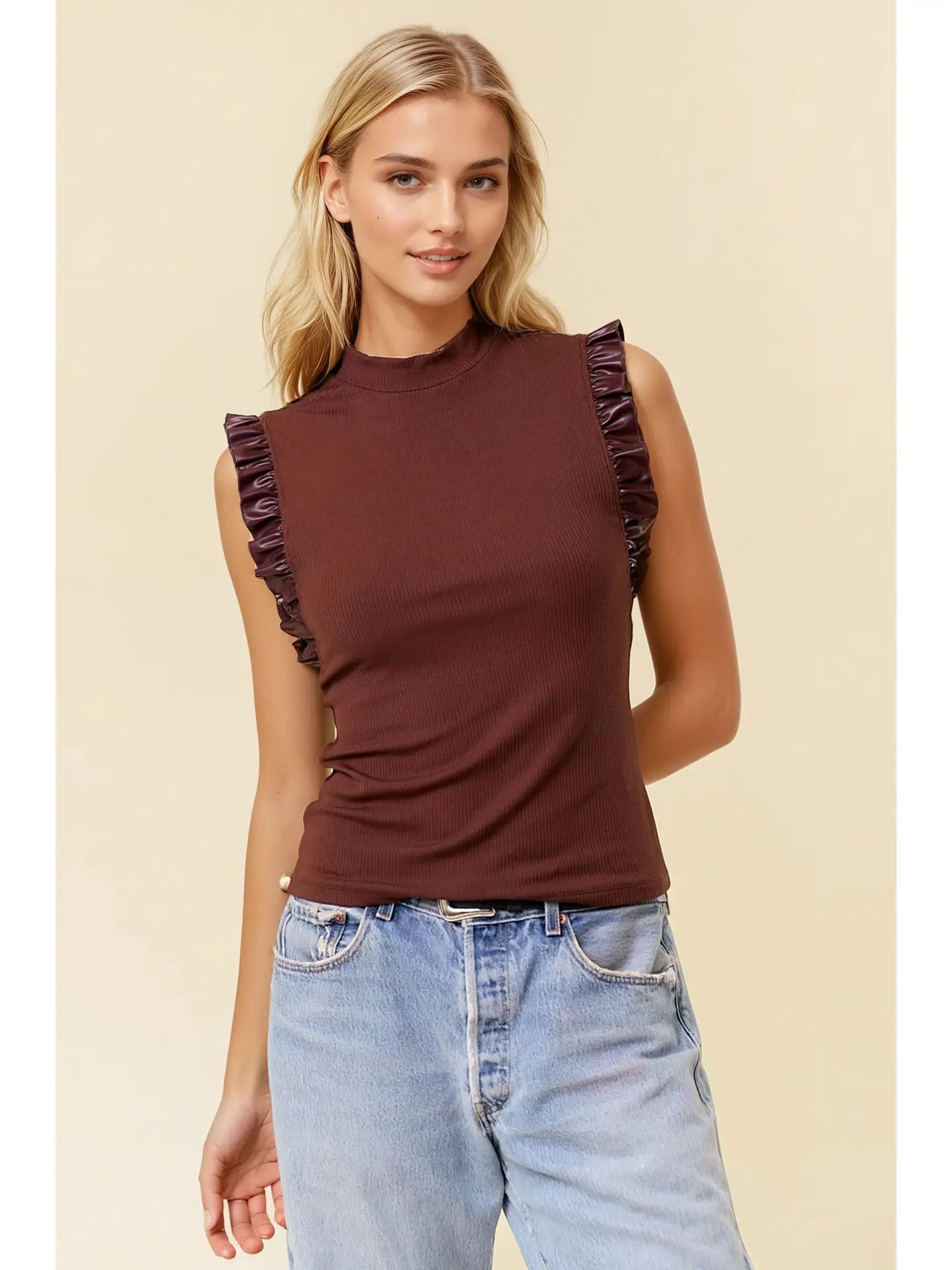 Mock Neck Ruffle Tank
